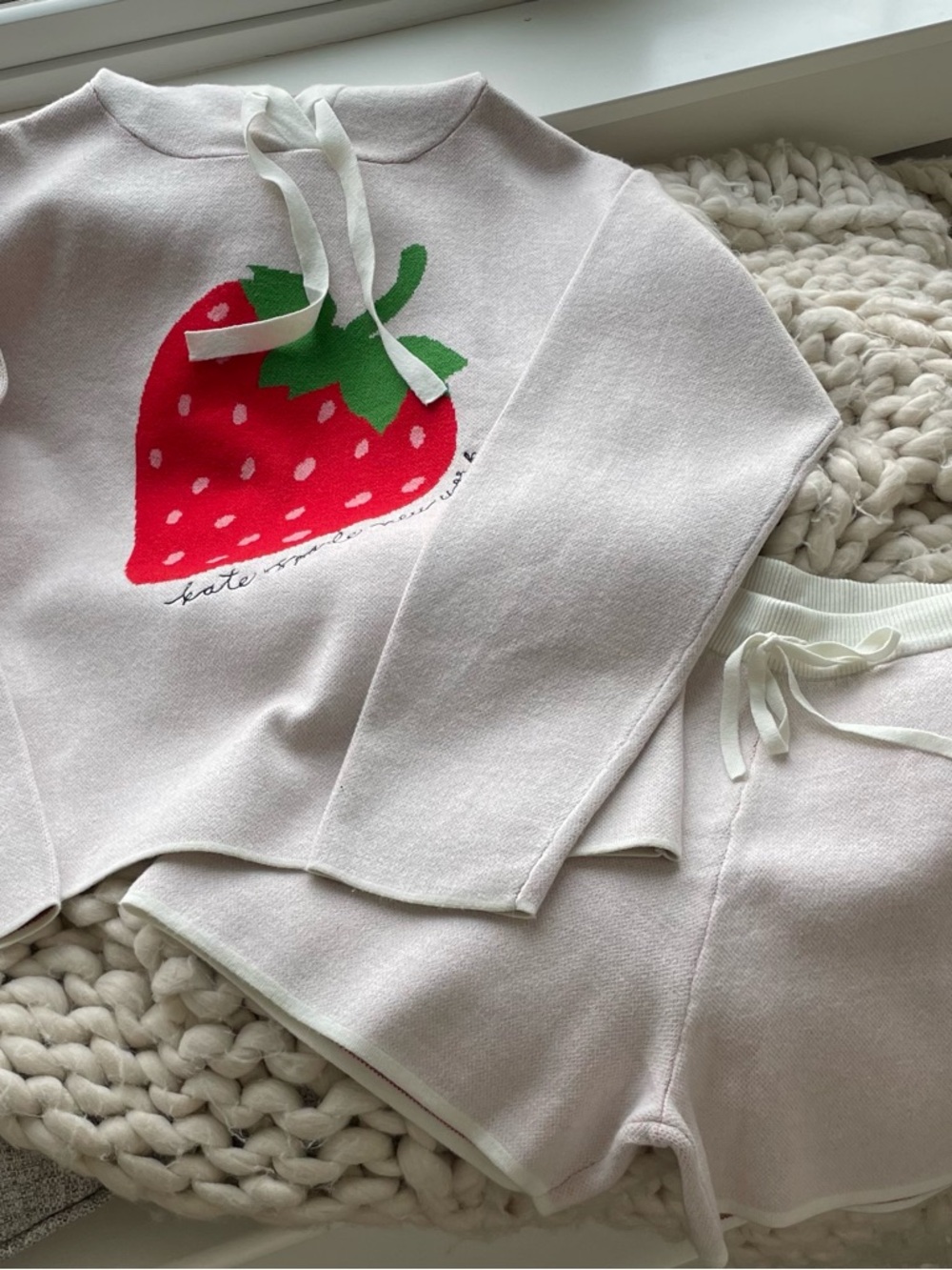 kate spade Cream Knit Shorts Set with Red Strawberry & Green Leaves
